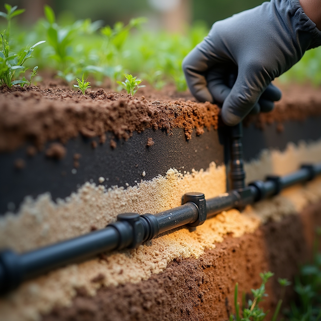 Close-up of irrigation drip line and drainage layer installed beneath green roof substrate
