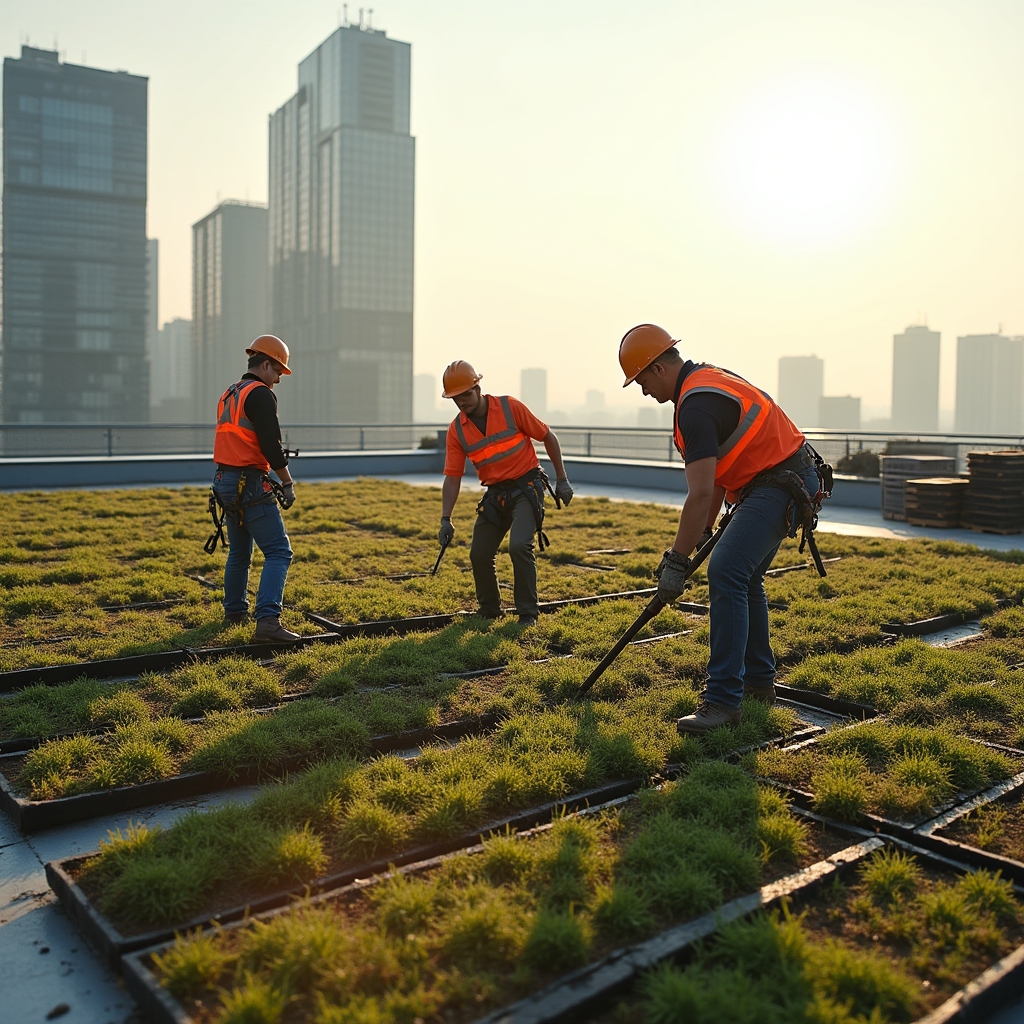 Green roof installation crew working on an office building in Warsaw